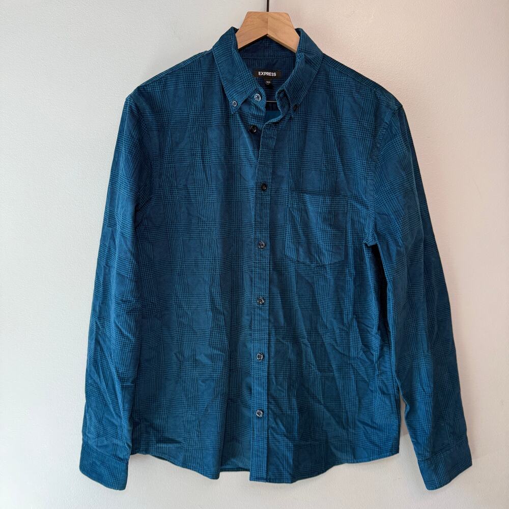 Express Men's Long Sleeve Corduroy Plaid Button Dress Shirt Blue Size Medium